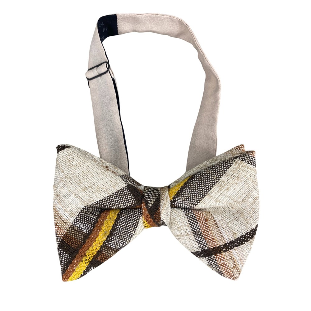 VTG Bow Tie Beige Tan Brown Yellow Textured Plaid Adjustable Band 70s Retro